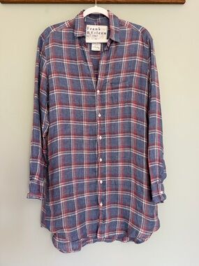 Frank & Eileen "Mary" 100% Linen Red White Blue Plaid‎ Button Front Shirt Dress